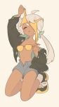  1girl ahoge arm_up artist_name black_jacket blush_stickers bow bra closed_eyes collarbone commentary dark-skinned_female dark_skin full_body grey_hair grey_shorts highres holding holding_removed_eyewear holding_underwear holding_unworn_clothes jacket kneeling long_hair long_sleeves nail_polish navel no_shirt object_on_head off_shoulder open_clothes open_jacket open_mouth original over-rim_eyewear ponytail renren_(ah_renren) semi-rimless_eyewear shoes short_shorts shorts simple_background sneakers socks solo sunglasses thick_eyebrows unbuttoned underwear unworn_bra unworn_eyewear white_socks yellow_bra yellow_nails 