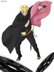  1boy absurdres artbyolvr belt black_boots black_cloak black_jacket blonde_hair blue_eyes boots boruto:_two_blue_vortex boruto_(series) byakugan cloak commentary eyebrow_cut facial_mark frown full_body heterochromia highres jacket karma_(naruto) lips male_focus naruto_(series) o-ring official_style open-toe_boots scar scar_across_eye scar_on_face serious sheath sheathed shuriken solo sword throwing twitter_username two-sided_cloak two-sided_fabric undercut uzumaki_boruto weapon whisker_markings yellow_belt 
