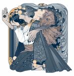  2boys adam's_apple blindfold blunt_ends brown_hair cape cheekbones commentary english_commentary fish highres iliothermia kneeling liquid_hair long_hair long_sleeves male_focus multiple_boys original pants water wavy_hair yaoi 