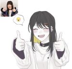  1girl bang_dream! bang_dream!_our_notes black_choker black_hair blonde_hair choker closed_eyes commentary_request double_thumbs_up ear_piercing fangs jewelry korean_commentary long_sleeves necklace open_mouth piercing reference_inset simple_background solo suga_raika thumbs_up upper_body voice_actor wa_t_er1 white_background 