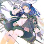  1girl arknights asymmetrical_gloves black_gloves black_halo black_horns black_jacket black_shorts black_tail blue_eyes blue_hair cnsmsoup commentary feet_out_of_frame floating_hair gloves halo hand_up highres horns jacket long_sleeves looking_at_viewer mismatched_gloves mostima_(arknights) multicolored_eyes open_clothes open_jacket pink_eyes shirt shorts signature solo tail twitter_username two-tone_eyes untranslatable_commentary white_background white_gloves white_shirt 
