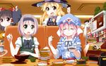  :o :t black_bow black_hair black_neckwear blonde_hair blush bow bowtie braid brown_eyes chopsticks closed_eyes closed_mouth eating eyebrows_visible_through_hair food green_eyes gunkanmaki hair_bow hairband hakurei_reimu hat holding holding_chopsticks ikura_(food) indoors kirisame_marisa konpaku_youmu long_hair looking_at_viewer menu mob_cap multiple_girls namori_(style) neck_ribbon nigirizushi open_mouth pink_hair plate pointing puffy_short_sleeves puffy_sleeves purple_bow purple_eyes purple_neckwear purple_ribbon ribbon roe ruu_(tksymkw) saigyouji_yuyuko short_hair short_sleeves silver_hair sitting smile soy_sauce sushi table touhou triangular_headpiece v-shaped_eyebrows witch_hat yellow_eyes 