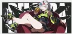  1girl anby_demara braid brown_eyes burger chair cropped_jacket detached_sleeves food grey_hair highres looking_at_viewer medium_hair midriff_peek on_chair one_eye_closed open_mouth pleated_skirt postalworks shoes skirt sneakers solo thigh_strap thighs zenless_zone_zero 