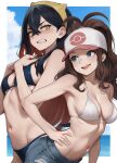  2girls bikini bikini_top_only black_bikini blue_eyes blue_shorts blue_sky breasts brown_hair carmine_(pokemon) clenched_teeth cloud commentary day denim denim_shorts hair_between_eyes hat highres hilda_(pokemon) jajanome long_hair looking_at_another medium_breasts mole mole_under_eye multiple_girls navel outdoors pokemon pokemon_black_and_white pokemon_scarlet_and_violet ponytail shorts sky smile swimsuit teeth white_bikini white_hat yellow_eyes 
