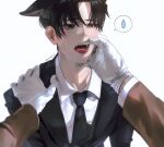  2boys aegyo_sal animal_ears artist_name black_eyes black_hair black_jacket black_necktie black_suit braun_(gwechul) brown_jacket cat_ears collared_shirt commentary_request dress_shirt fangs gloves gwechul highres jacket kim_soleum kongforu korean_commentary lapels layered_sleeves long_hair looking_to_the_side male_focus multiple_boys necktie notched_lapels open_mouth parted_bangs pov pov_hands saliva shirt short_hair simple_background speech_bubble spoken_sweatdrop spread_lips suit suit_jacket sweatdrop tongue very_long_hair white_background white_gloves white_shirt wing_collar 