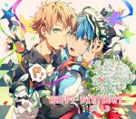  2boys adam's_apple beanie black_shirt blue_hair blush borrowed_clothes bouquet brown_hair commentary_request confetti dramatical_murder eyebrow_piercing face-to-face face_piercing flower from_side green_eyes hat highres looking_at_viewer looking_to_the_side male_focus multiple_boys multiple_piercings necktie noiz_(dramatical_murder) nun_bou open_mouth piercing plug_(piercing) rose seragaki_aoba shirt short_hair simple_background streamers tongue tongue_out upper_body usagimodoki white_background white_flower white_rose yaoi yellow_eyes 