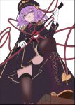  1girl black_boots black_hat black_skirt black_thighhighs boots cap_tw commentary disembodied_linked_eye epaulettes from_behind from_below gloves hair_ornament hat heart heart_hair_ornament knee_boots komeiji_satori lace-up_boots looking_at_viewer military_uniform pointy_ears purple_eyes purple_hair short_hair simple_background skirt solo standing thighhighs touhou unfinished white_background white_gloves 