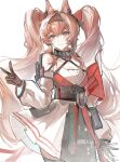  1girl angelina_(arknights) angelina_the_mellow_wish_(arknights) animal_ear_fluff animal_ears arknights bare_shoulders black_collar black_gloves black_hairband breasts brown_hair chinese_commentary cleavage collar commentary_request cowboy_shot dated detached_sleeves dot_nose dress earpiece fox_ears fox_girl gloves hair_between_eyes hair_intakes hairband hand_up highres infection_monitor_(arknights) long_hair long_sleeves looking_at_viewer medium_breasts multicolored_hairband pleated_dress simple_background smile solo twintails two-tone_hairband v very_long_hair white_background white_dress yellow_eyes yu_(yuqi275602) 