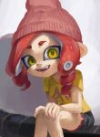  1girl black_shorts collarbone commentary_request dbwuqldvec82805 dolphin_shorts drill_hair fangs hands_on_own_knees hat highres long_hair looking_at_viewer octoling octoling_girl octoling_player_character open_mouth pink_hat red_hair shirt short_eyebrows shorts simple_background sitting smile solo splatoon_(series) teeth tentacle_hair thick_eyebrows thighs white_background yellow_eyes yellow_shirt 