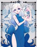  1girl armlet blue_bow blue_dress blue_hair bow breasts chinese_clothes chinese_knot_border chrysanthemum double_bun dress dress_bow floral_background flower gradient_hair grey_background hair_bun highres jewelry long_hair looking_at_viewer mikkameno_yoru multicolored_hair ok_sign open_mouth original qipao side_slit sleeveless sleeveless_dress solo standing twintails two-tone_hair white_hair 