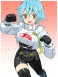  1girl absurdres asymmetrical_bodysuit black_bodysuit black_gloves blue_hair bodysuit breasts brown_eyes commentary_request commission copandon_dot cosplay covered_navel cowboy_shot fang gloves goodsmile_company goodsmile_racing gradient_background hatsune_miku hatsune_miku_(cosplay) highres jacket large_breasts long_sleeves looking_at_viewer open_mouth paw_pose race_queen racing_miku racing_miku_(2022) rance_(series) rance_quest rance_quest_magnum short_hair single_thighhigh skeb_commission skin_tight smfp2517 solo teeth thighhighs upper_teeth_only vocaloid white_jacket 