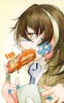  1girl arknights bandage_on_finger bandaid bandaid_on_face bandaid_on_nose bread bread_slice brown_hair commentary cup eating english_text food food_in_mouth from_side green_sweater hakamori_shishamo highres holding holding_cup holding_food magallan_(arknights) messy_hair mouth_hold mug multicolored_hair painting_(medium) short_hair sweater toast toast_in_mouth traditional_media turtleneck two-tone_hair watercolor_(medium) wrench yellow_eyes 