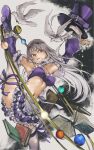  1girl bandeau bird black_hair book commentary detached_sleeves dove frilled_bandeau frilled_skirt frills grey_hair hat high_heels highres ingrid_(capcom) ingrid_(midnight_bliss)_(capcom) leg_up long_hair midriff navel nyami official_alternate_costume parted_lips purple_bandeau purple_hat purple_ribbon purple_skirt red_eyes ribbon ribbon-trimmed_thighhighs ribbon_trim skirt solo split standing standing_on_one_leg standing_split street_fighter street_fighter_6 thighhighs 