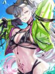 1girl bare_shoulders baseball_cap bikini black_bikini black_hands black_hat blue_sky body_markings breasts choker cleavage colored_extremities commentary_request crossed_bangs demon_girl demon_horns diandao_qin fate/grand_order fate_(series) green_eyes green_jacket grey_hair hair_between_eyes hat high_ponytail highres horns jacket lilith_(fate) lilith_(swimsuit_rider)_(fate) lilith_(swimsuit_rider)_(first_ascension)_(fate) long_hair long_sleeves looking_at_viewer medium_breasts multicolored_jacket navel off_shoulder one_eye_closed pink_jacket ponytail sky smile solo stomach_tattoo swimsuit tattoo thigh_strap two-tone_jacket water zipper_bikini 