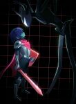  2others absurdres androgynous antlers armor black_background black_bodysuit blue_hair blue_skin bodysuit cape colored_skin deer_antlers deltarune dragon_ball erinartista frieza gauntlets hands_on_own_hips highres holding holding_shield holding_weapon horns kris_(dark_world)_(deltarune) kris_(deltarune) multiple_others other_focus pink_cape roaring_knight scene_reference shield short_hair simple_background son_goku utdr_(toby_fox) visor_(armor) weapon 