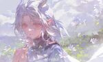  1girl armor chamomile chinese_commentary closed_mouth cloud cloudy_sky commentary_request cross cross_earrings earrings flower highres holding holding_flower horns jewelry looking_at_viewer medium_hair original outdoors parted_bangs pointy_ears red_eyes sky solo turtleneck upper_body watermark weibo_watermark white_hair wind zhi_senliang 