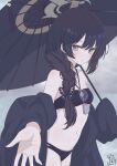  1girl absurdres bikini black_bikini black_hair black_robe blue_archive blurry blurry_background blush braid braid_over_shoulder breasts butterfly_hair_ornament center-flap_bangs cleavage_cutout clothing_cutout commentary cowboy_shot dated diamond_cutout eyewear_hang grey_eyes grey_halo grey_sky hair_ornament halo halterneck highres holding holding_umbrella kisaki_(blue_archive) kisaki_(swimsuit)_(blue_archive) light_smile long_hair looking_at_viewer mochiusa_cocoa navel official_alternate_costume official_alternate_hairstyle oil-paper_umbrella purple-tinted_eyewear reaching reaching_towards_viewer robe robe_partially_removed side_braid signature sky small_breasts solo stomach sunglasses swimsuit tinted_eyewear umbrella unworn_eyewear very_long_hair 