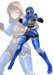  1girl absurdres armor black_bodysuit black_gloves blue_helmet blue_shorts bodysuit breasts brown_hair chouseishin_series clenched_hands commentary_request commission different_zoom_layer genseishin_justirisers gloves helmet highres juuta-rou lace-up_shorts leg_armor looking_at_viewer medium_breasts multiple_views pauldrons riser_kageri sanada_yuka shorts shoulder_armor simple_background skeb_commission smile tokusatsu vambraces white_background zoom_layer 