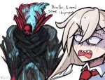  angel azrael_(fate) azrael_(third_ascension)_(fate) blue_fire collared_shirt commentary cross_tie english_commentary fate/grand_order fate_(series) ferfot_art fire hair_between_eyes highres long_hair monster muscular muscular_male olga_marie_animusphere olga_marie_animusphere_(unbeast) open_mouth red_cross_tie sharp_teeth shirt skull tearing_up teeth white_hair white_shirt 