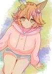  +_+ 1girl animal_ears colorful_background commentary_request dolphin_shorts ear_covers highres horse_ears horse_girl kasaneri matikanefukukitaru_(umamusume) orange_hair shorts single_ear_cover solo sweater umamusume yellow_eyes 