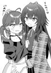  2girls :d absurdres ahoge antenna_hair arm_up bare_shoulders blush chiune_(yachi) choker clenched_teeth collarbone collared_shirt gakuen_idolmaster greyscale hand_on_another's_head highres idolmaster jacket kaya_rinha long_hair monochrome multiple_girls off-shoulder_shirt off_shoulder open_clothes open_jacket plaid_clothes plaid_jacket pleated_skirt polo_shirt shirt simple_background skirt small_sweatdrop smile sweat teeth translation_request tsukimura_temari twintails very_long_hair white_background 