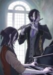  2boys asymmetrical_bangs brown_shirt flute formal_clothes fringe_trim glasses gloves grey_vest hair_bun hair_slicked_back hameln_(sinoalice) highres holding holding_flute holding_instrument indoors instrument looking_at_object male_focus medium_hair multiple_boys multiple_persona necktie parted_lips playing_instrument playing_piano puppet_on_game purple-framed_eyewear purple_necktie reality_arc_(sinoalice) red_eyes second-party_source shirt sinoalice smile vest white_gloves white_shirt window 