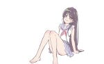  1girl arm_support bare_arms bare_legs barefoot brown_eyes brown_hair closed_mouth commentary dot_nose foot_out_of_frame highres knees_together_feet_apart legs long_hair looking_at_viewer miniskirt neckerchief no_pupils original panties pantyshot pleated_skirt red_neckerchief sailor_collar school_uniform serafuku shirt short_sleeves simple_background sitting skirt smile solo underwear unfinished white_background white_panties white_shirt yano_akane 