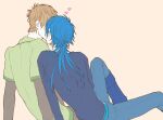  2boys arm_support belt blue_belt blue_pants blue_shirt brown_hair commentary_request dramatical_murder french_kiss green_shirt heart kiss kuwa_ayase layered_sleeves long_hair long_sleeves male_focus multiple_boys noiz_(dramatical_murder) pants seragaki_aoba shirt short_hair short_over_long_sleeves short_sleeves sitting yaoi 