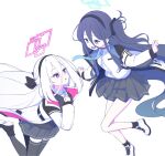  2girls absurdly_long_hair aqua_halo aris_(blue_archive) black_bow black_hair black_hairband blue_archive blue_eyes blue_halo blue_necktie blush bow commentary double-parted_bangs gradient_hair hair_between_eyes hair_bow hairband half_updo halo highres jacket kei_(blue_archive) kei_(student)_(blue_archive) long_hair long_hair_between_eyes long_sleeves loosely_tucked_bangs multicolored_hair multicolored_jacket multiple_girls necktie one_side_up open_mouth parted_bangs pink_eyes pink_halo rectangular_halo serizawa_nazuna shirt shoes siblings simple_background sisters skirt smile sneakers thighhighs tie_clip twins two-tone_jacket untranslatable_commentary very_long_hair white_hair white_jacket white_shirt zettai_ryouiki 