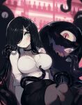  1girl aria_wintermint black_choker black_hair black_skirt blush breasts choker cleavage cup drinking_glass green_eyes hair_over_one_eye heart highres large_breasts long_hair pantyhose parororo pencil_skirt red_eyes shirt skirt teeth tentacles the_crawling_city white_shirt 
