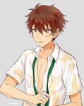  1boy bandaged_fingers bandages brown_eyes brown_hair clenched_hand collared_shirt ensemble_stars! fugu_(0908fugu) green_necktie grey_background hair_between_eyes hand_up highres looking_at_viewer male_focus morisawa_chiaki necktie open_mouth school_uniform shirt short_hair short_sleeves simple_background solo twitter_username upper_body wet wet_clothes white_shirt wing_collar yumenosaki_school_uniform 