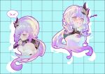  >_< 1girl blue_eyes blush breasts cleavage commentary_request corset cropped_legs elf elysia_(honkai_impact) elysia_(miss_pink_elf)_(honkai_impact) g1ngan0mob grid_background hair_ornament highres honkai_(series) honkai_impact_3rd large_breasts long_hair multiple_views pink_hair pointy_ears spoken_expression very_long_hair white_corset 