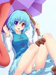  :p blue_eyes blue_hair blue_panties blush breasts heterochromia karakasa_obake long_sleeves medium_breasts panties purple_umbrella red_eyes short_hair sitting skirt smile solo tatara_kogasa tongue tongue_out touhou umbrella underwear vest yakumo_nanahara 