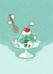 bowl cherry commentary_request creature food food_focus fruit gelatin green_background green_theme highres komeuma no_humans original signature spoon whipped_cream 