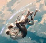  1boy 1girl black_eyes black_pants black_shoes black_socks cicirelrel cloud comet commentary_request copyright_name couple dusk falling full_body happy hetero highres holding_hands kimi_no_na_wa. miyamizu_mitsuha pants red_ribbon ribbon school_uniform shoes short_hair sky smile socks sparkle star_(sky) tachibana_taki tears untied_ribbon 