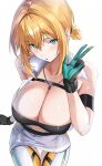  1girl absurdres black_sports_bra blonde_hair breasts cleavage commentary_request gloves goddess_of_victory:_nikke green_eyes highres kopepan_(kopepann11) large_breasts looking_at_viewer maxwell_(nikke) maxwell_(ordinary_mechanic)_(nikke) miniskirt short_hair simple_background skirt solo sports_bra thighhighs two-sided_gloves white_background white_skirt white_thighhighs 