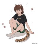 1girl animal_ears animal_print asymmetrical_bangs ban45601 black_shirt brown_eyes brown_hair closed_mouth commentary frog_print gekota hair_ornament hairclip heart heart_print highres kemonomimi_mode knees_up looking_at_viewer misaka_mikoto no_shoes one_eye_closed paw_print paw_print_background shirt short_hair short_shorts short_sleeves shorts sitting socks solo tail tiger_ears tiger_tail toaru_kagaku_no_railgun toaru_kagaku_no_railgun_s toaru_majutsu_no_index untranslatable_commentary white_background white_socks 