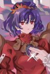  1girl commentary dh01e_ak glint hair_ornament highres leaf_hair_ornament medium_hair mirror parted_lips purple_hair red_eyes red_shirt rope shide shimenawa shirt slit_pupils solo touhou yasaka_kanako 