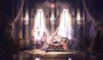  1girl absurdres bare_shoulders birdcage bow breasts cage candle candlestand chandelier cleavage closed_mouth commentary_request couch curtains detached_sleeves dress expressionless hair_between_eyes hair_ornament hanging_light high_heels highres indoors leg_up light_particles light_rays long_hair looking_at_viewer medium_breasts on_couch original picture_frame scenery solo strap sunlight thighhighs white_dress white_hair white_thighhighs wide_shot window yinber 
