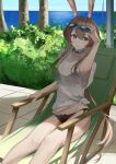  1girl absurdres adjusting_eyewear alternate_costume amiya_(arknights) animal_ears arknights bikini bikini_under_clothes black_bikini blue_eyes blue_sky blush breasts brown_hair bush chair day eyewear_on_head feet_out_of_frame hand_on_eyewear hand_up highres jewelry long_hair lounge_chair multiple_rings neck_ring outdoors ponytail rabbit_ears rabbit_girl remapack77 ring shirt short_sleeves sitting sky small_breasts smile solo sunglasses swimsuit t-shirt tree very_long_hair water white_shirt 