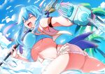  1girl ahoge alternate_costume armlet armpits ass bare_arms bikini bikini_bottom_under_shorts bikini_under_clothes blue_hair blue_sky breasts cloud commission commissioner_upload fingerless_gloves fire_emblem fire_emblem:_genealogy_of_the_holy_war front-tie_bikini_top front-tie_top gloves grey_eyes grey_nails headband highleg highleg_bikini highres hiyokono_tami02 holding holding_polearm holding_water_gun holding_weapon jewelry large_breasts nail_polish navel necklace ocean one_eye_closed open_mouth original outdoors palm_tree polearm selia_(mrtalkingdino) short_hair short_shorts shorts sidelocks skeb_commission sky sleeveless sleeveless_jacket solo splashing stomach swimsuit thick_thighs thighs tomboy tree trident underboob v-shaped_eyebrows water water_gun weapon white_headband 
