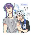  2boys :3 :d akatsuki_(ensemble_stars!) arm_hug black_shirt black_streaks blue_outline closed_eyes collarbone commentary cropped_torso curtained_hair ensemble_stars! furrowed_brow grey_shirt hair_between_eyes hair_intakes highres kanzaki_souma leaning_on_person long_hair male_focus motion_lines multicolored_hair multiple_boys outline parted_bangs ponhone_pon ponytail purple_hair raised_inner_eyebrows shaded_face shirt short_hair sidelocks simple_background smile snowman speech_bubble streaked_hair summer sweat teeth towel towel_around_neck translation_request untranslatable_commentary upper_teeth_only white_background white_hair wince 