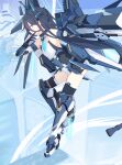  1girl absurdres aqua_halo aris_(armed)_(blue_archive) aris_(blue_archive) bare_shoulders black_hair blue_archive blue_eyes blue_necktie breasts commentary_request double-parted_bangs gloves hair_between_eyes halo highres leotard long_hair long_hair_between_eyes mecha_musume mechanical_legs mechanical_wings multicolored_leotard multiple_girls necktie official_alternate_costume open_mouth railgun rectangular_halo ringed_eyes short_necktie showgirl_skirt smile solo thighhighs twintails very_long_hair white_leotard wings wuxifeng 