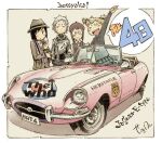  >_< 4girls arm_up beret black_bow black_eyes black_hair black_shirt black_skirt black_sweater border bow breast_pocket brown_coat brown_hair brown_hat brown_vest car character_request coat collared_shirt commentary_request convertible copyright_name countdown ear_piercing fedora hair_bow hat jaguar_(car) jaguar_e-type katsura_himeko kuroe_tsubaki looking_at_viewer motor_vehicle multiple_girls nanao_ruri outside_border piercing pink_car plaid_clothes plaid_skirt pocket ribbed_sweater sekihan shirt short_eyebrows short_hair short_twintails signature skirt speech_bubble standing stole sweater the_who twintails v-shaped_eyebrows vehicle_name vest white_border white_hair white_shirt zesshaka!_shiritsu_yotsuwa_joshi_gakuin_zetsumetsu_kigu-sha_gakka zipper zipper_pull_tab 