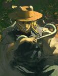  1girl 320tbsyc absurdres blonde_hair blue_shirt chinese_commentary commentary_request folding_fan hair_ribbon hand_fan hat highres holding holding_fan moriya_suwako red_ribbon ribbon shirt sidelighting snake solo straw_hat touhou white_sleeves 