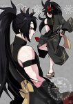  1boy arm_strap artist_logo black_hair black_kimono closed_mouth commentary_request final_fantasy final_fantasy_vii final_fantasy_vii:_ever_crisis from_side full_body high_ponytail highres japanese_clothes kimono logo long_hair male_focus mask mask_on_head multiple_views official_alternate_costume official_alternate_hairstyle oni_mask ponytail profile red_eyes sandals shikiwo signature single_bare_shoulder standing standing_on_one_leg upper_body vincent_valentine vincent_valentine_(demonface_yukata) watermark 