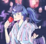  1boy 1other blue_hair candy_apple commentary_request dramatical_murder food highres holding_hands japanese_clothes lantern_festival long_hair male_focus mask mask_on_head open_mouth ponytail seragaki_aoba solo surinrei twitter_username upper_body 