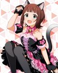  1girl :d amami_haruka animal_ears arm_up bell black_dress black_gloves black_thighhighs bow bowtie brown_hair card_commentary cat_ears cat_tail commentary_request detached_sleeves dress fake_animal_ears fake_tail fingerless_gloves game_asset gloves green_eyes idolmaster idolmaster_(classic) idolmaster_million_live! idolmaster_million_live!_theater_days looking_at_viewer neck_bell no_hair_bow nyannyan_cat's_eye_(idolmaster) official_alternate_costume official_art open_mouth paw_pose pink_bow pink_bowtie pink_dress puffy_detached_sleeves puffy_sleeves short_hair sitting smile solo tail thighhighs third-party_source two-tone_dress 