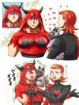  2boys ? animal biting biting_cheek closed_eyes commentary_request dazzling3ti fake_horns hair_between_eyes heart highres holding holding_animal hood hood_up horned_hood horns long_sleeves male_focus maxie_(pokemon) medium_hair multiple_boys multiple_views muscular muscular_male open_mouth pokemon pokemon_(creature) pokemon_ruby/sapphire/emerald poochyena purple_hair red_hair short_hair smile sparkle sweatdrop tabitha_(pokemon) team_magma team_magma_uniform teeth upper_teeth_only 