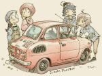  4girls =_= beanie black_hair black_hat black_jacket black_shirt black_shoes blue_shirt braid brown_hair brown_hat brown_overalls brown_pants car closed_eyes closed_mouth commentary drawstring glasses grin hair_ornament hands_in_pockets hat hood hood_down hooded_jacket jacket kogure_yuzuha kotesashi_yayoi layered_sleeves leaning_forward long_hair long_sleeves looking_at_another low_twintails mima_nonoka momose_riko motor_vehicle multiple_girls opaque_glasses open_clothes open_jacket open_mouth overalls panda_hair_ornament pants pink_sweater pom_pom_(clothes) pom_pom_beanie radio_antenna red_car round_eyewear sekihan shirt shoes short_hair short_over_long_sleeves short_sleeves short_twintails signature single_braid smile standing striped_sleeves suzuki_(company) suzuki_fronte sweater twintails vehicle_name yellow_sleeves zesshaka!_shiritsu_yotsuwa_joshi_gakuin_zetsumetsu_kigu-sha_gakka 
